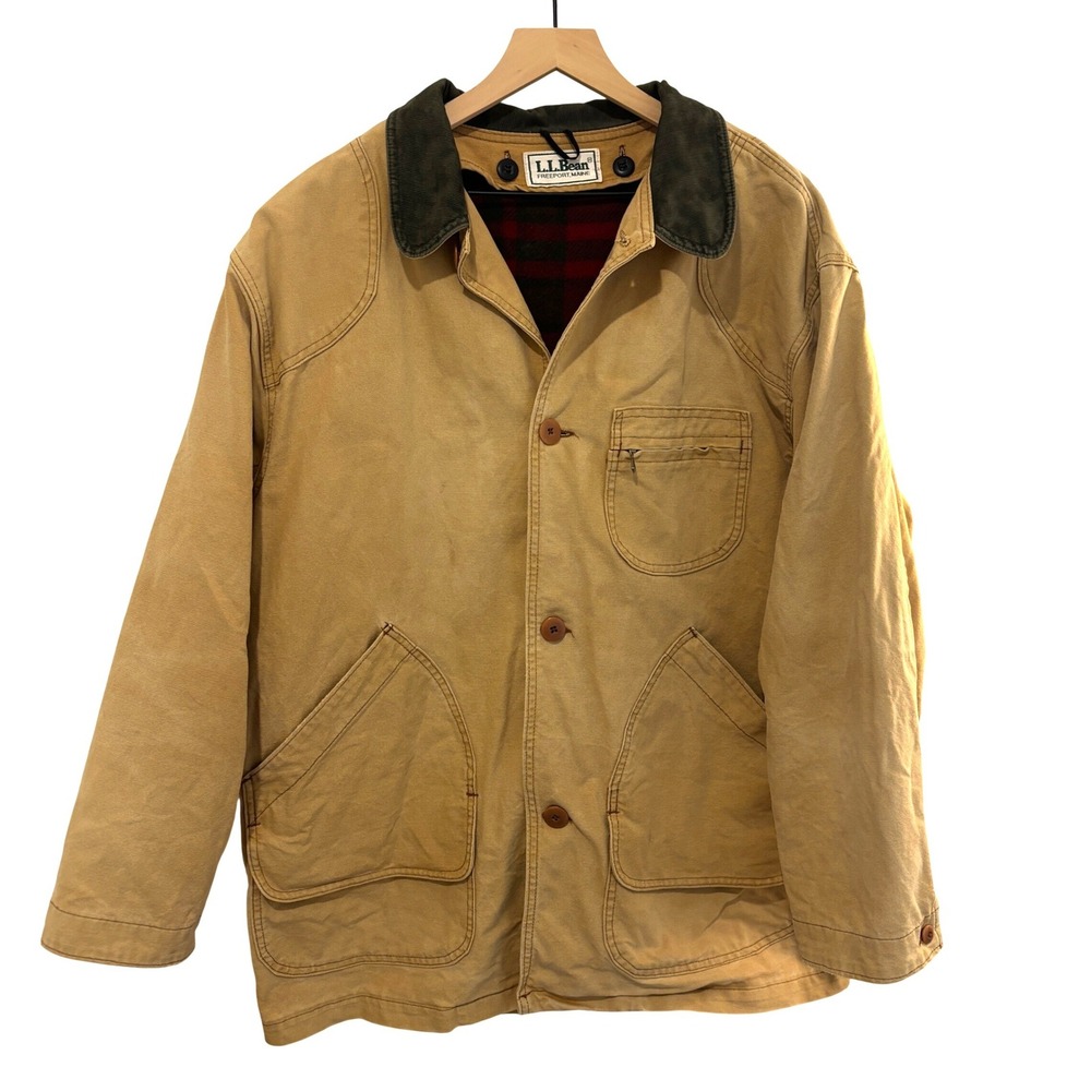 LL Bean Field Barn Coat Jacket Mens XL Tan Canvas Red Wool Plaid Lined Vintage - Picture 3 of 12